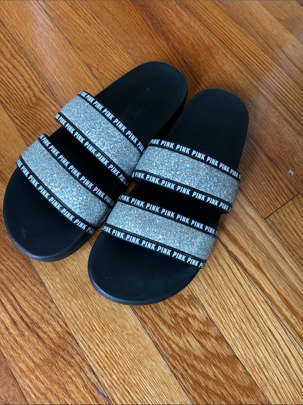 PINK Victoria's Secret Black Slides with Silver Glitter Triple Straps